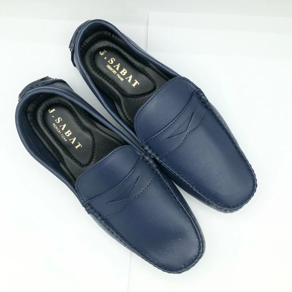 Sz 9.5 J Sabat men penny loafers round toe tip slip on navy blue leather NW - Picture 2 of 8